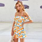 Off-shoulder Orange Print A-line Dress