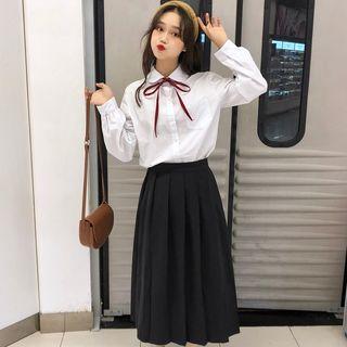 Pocket Detail Shirt / Plaid A-line Skirt / Midi Pleated Skirt