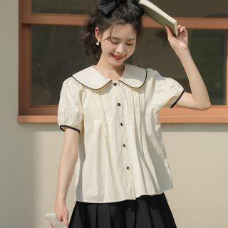 Short-sleeve Contrast Trim Blouse Almond - One Size
