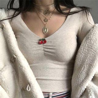 Cherry V-neck Long-sleeve Slim-fit Top Milky White - One Size