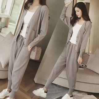 Set: V-neck Cardigan + Camisole + Knit Harem Pants