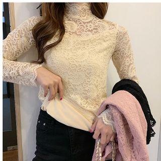 Plain Turtle-neck Long-sleeve Fleece Lace Top