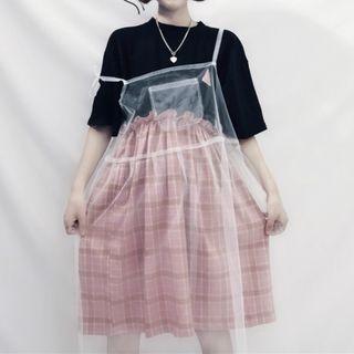 Elbow-sleeve Mock Two-piece Dress / Spaghetti Strap Mesh Dress