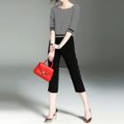 Set: Striped Elbow Sleeve Dip-back T-shirt + Cropped Pants