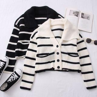 Collared Button-down Striped Knit Top