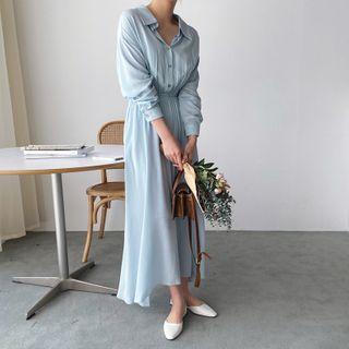 Half-placket Gathered-waist Long Dress