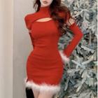 Set: Christmas Short-sleeve Mock-neck Cutout Mini Sheath Dress + Arm Sleeves Red - One Size