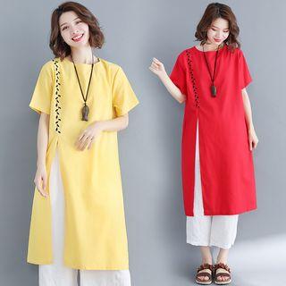 Embroidered Short Sleeve Side Slit Dress