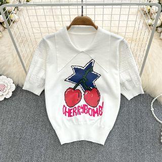 Short Sleeve Cherry Print Polo Knit Top