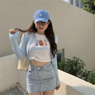 Short-sleeve Print Cropped T-shirt / Plain Cardigan