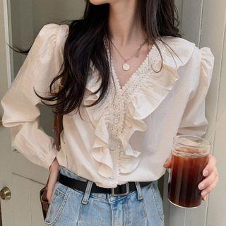 Lace Trim Ruffled Blouse Almond - One Size