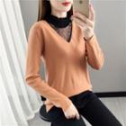 V-neck Lace Panel Knit Top