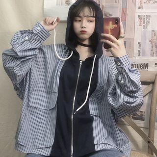 Stripe Panel Hooded Jacket As Shown In Figure - One Size