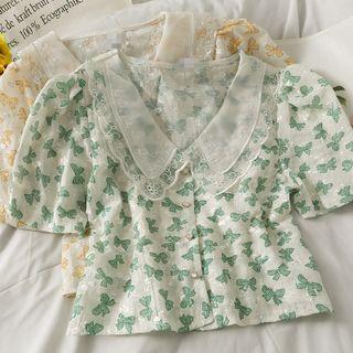 Lace-collar Butterfly-print Crop Shirt