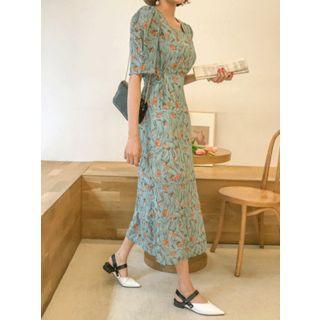 Square-neck Puff-sleeve Floral Maxi Dress
