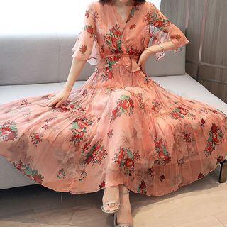 Floral Print Elbow-sleeve Midi A-line Chiffon Dress