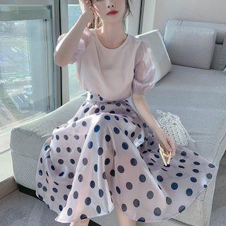 Set: Short-sleeve Plain Blouse + Dotted Midi A-line Skirt