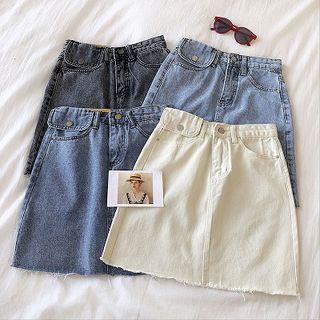Frayed High-waist Denim Skirt