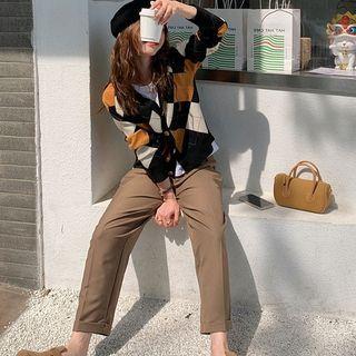 Long-sleeve Color Block Argyle Cardigan