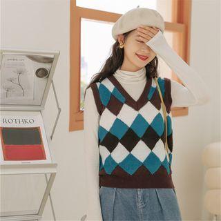 V Neck Geometric Sleeveless Sweater