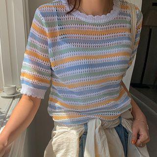 Scallop-edge Perforated Stripe Knit Top
