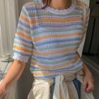 Scallop-edge Perforated Stripe Knit Top