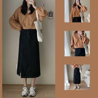 Set Of 2: V-neck Long-sleeve Top + Denim Skirt