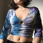 Long Sleeve V-neck O-ring Tie-dyed Crop Top
