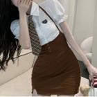Set: Puff-sleeve Ruffled Blouse + Overall Dress