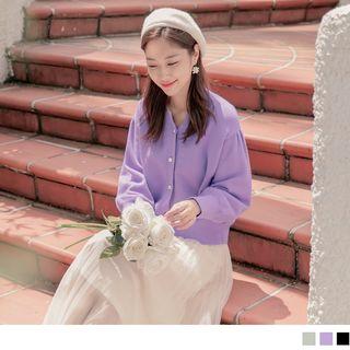 Puff Sleeve Faux Pearl Button Knit Cardigan