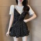 Short-sleeve Plain T-shirt / Spaghetti Strap Dotted Chiffon Romper