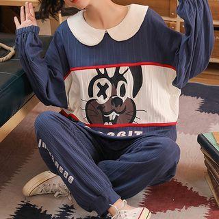 Loungewear Set : Long-sleeve Lapel Cartoon Print Top + Pants