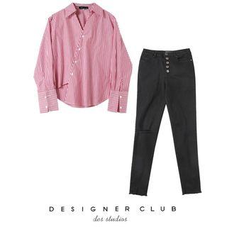 Striped Asymmetrical Shirt / Cut-out Skinny Jeans