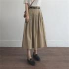 Plain High-waist Pleated Midi A-line Skirt