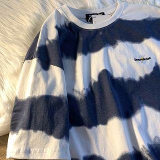 Short-sleeve Tie-dye Striped Lettering Embroidered T-shirt