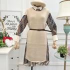 Set: Long-sleeve Printed Chiffon Dress + Knit Vest