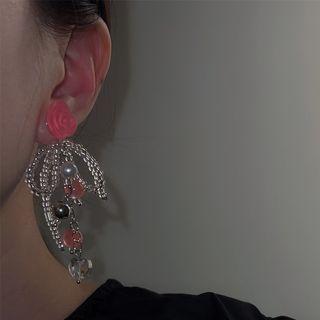 Bead Drop Earring 1 Pair - Silver & Pink - One Size