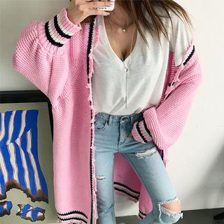 Contrast-trim Distressed Long Cardigan