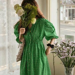 Balloon-sleeve Buttoned Floral Long Dress