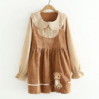 Mock Two Piece Bear Embroidered Corduroy Dress Coffee - One Size
