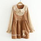 Mock Two Piece Bear Embroidered Corduroy Dress Coffee - One Size