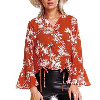 Print V-neck Bell-sleeve Top
