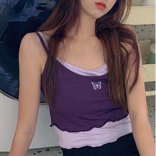 Spaghetti Strap Butterfly Embroidered Top Purple - One Size