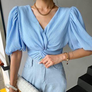 Puff-sleeve Knotted Textured Blouse