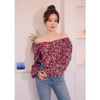 Off-shoulder Buttoned Floral Blouse Red - One Size