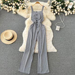 Sleeveless Plaid Jumpsuit Gray - One Size