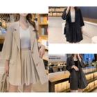 Set: Single-breasted 3/4-sleeve Long Blazer + High-waist Mini A-line Skirt