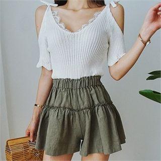 Cutaway-shoulder Lace-trim Ribbed Top