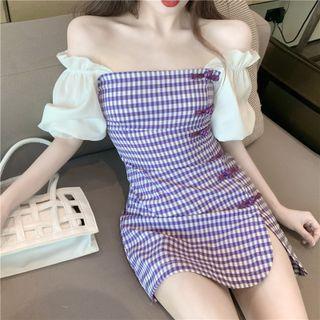 Puff-sleeve Frill Trim Check Mini Bodycon Dress
