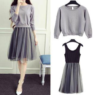 Set: Cropped Sweater + Mesh Overlay Tank Dress